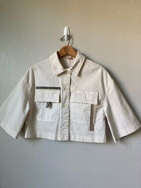 PLEASE Cropped Boxy Jacket Workwear Italian Brand Crochet details sz Est Small